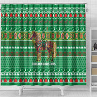 Turkmenistan Christmas Shower Curtain with Decorated Horse Crescent Moon Pattern and Traditional Carpet - Wonder Print Shop