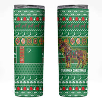 Turkmenistan Christmas Skinny Tumbler with Decorated Horse Crescent Moon Pattern and Traditional Carpet - Wonder Print Shop