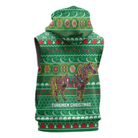 Turkmenistan Christmas Sleeveless Hoodie with Decorated Horse Crescent Moon Pattern and Traditional Carpet - Wonder Print Shop