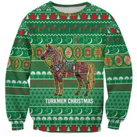 Turkmenistan Christmas Sweatshirt with Decorated Horse Crescent Moon Pattern and Traditional Carpet - Wonder Print Shop