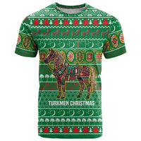 Turkmenistan Christmas T Shirt with Decorated Horse Crescent Moon Pattern and Traditional Carpet - Wonder Print Shop