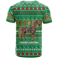 Turkmenistan Christmas T Shirt with Decorated Horse Crescent Moon Pattern and Traditional Carpet - Wonder Print Shop