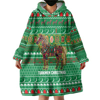 Turkmenistan Christmas Wearable Blanket Hoodie with Decorated Horse Crescent Moon Pattern and Traditional Carpet - Wonder Print Shop
