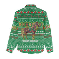 Turkmenistan Christmas Women Casual Shirt with Decorated Horse Crescent Moon Pattern and Traditional Carpet - Wonder Print Shop