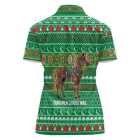 Turkmenistan Christmas Women Polo Shirt with Decorated Horse Crescent Moon Pattern and Traditional Carpet - Wonder Print Shop