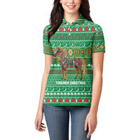 Turkmenistan Christmas Women Polo Shirt with Decorated Horse Crescent Moon Pattern and Traditional Carpet - Wonder Print Shop