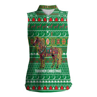 Turkmenistan Christmas Women Sleeveless Polo Shirt with Decorated Horse Crescent Moon Pattern and Traditional Carpet - Wonder Print Shop