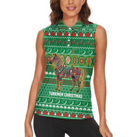 Turkmenistan Christmas Women Sleeveless Polo Shirt with Decorated Horse Crescent Moon Pattern and Traditional Carpet - Wonder Print Shop