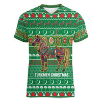Turkmenistan Christmas Women V-Neck T-Shirt with Decorated Horse Crescent Moon Pattern and Traditional Carpet - Wonder Print Shop