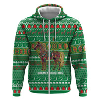 Turkmenistan Christmas Zip Hoodie with Decorated Horse Crescent Moon Pattern and Traditional Carpet - Wonder Print Shop