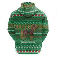 Turkmenistan Christmas Zip Hoodie with Decorated Horse Crescent Moon Pattern and Traditional Carpet - Wonder Print Shop