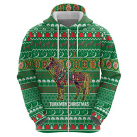 Turkmenistan Christmas Zip Hoodie with Decorated Horse Crescent Moon Pattern and Traditional Carpet - Wonder Print Shop
