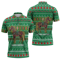 Turkmenistan Christmas Zipper Polo Shirt with Decorated Horse Crescent Moon Pattern and Traditional Carpet - Wonder Print Shop