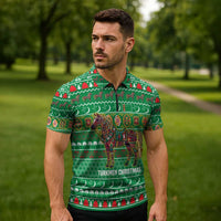 Turkmenistan Christmas Zipper Polo Shirt with Decorated Horse Crescent Moon Pattern and Traditional Carpet - Wonder Print Shop