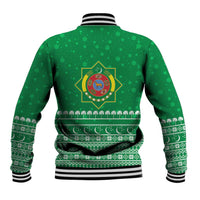 Turkmenistan Christmas Baseball Jacket with Traditional Santa Snowflake Crescent Moon and National Emblem - Wonder Print Shop