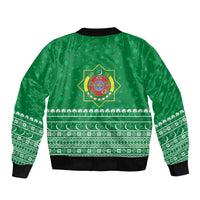 Turkmenistan Christmas Bomber Jacket with Traditional Santa Snowflake Crescent Moon and National Emblem - Wonder Print Shop