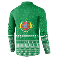 Turkmenistan Christmas Button Sweatshirt with Traditional Santa Snowflake Crescent Moon and National Emblem - Wonder Print Shop