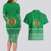 Turkmenistan Christmas Couples Matching Long Sleeve Bodycon Dress and Hawaiian Shirt with Traditional Santa Snowflake Crescent Moon and National Emblem - Wonder Print Shop