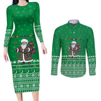 Turkmenistan Christmas Couples Matching Long Sleeve Bodycon Dress and Long Sleeve Button Shirt with Traditional Santa Snowflake Crescent Moon and National Emblem - Wonder Print Shop