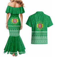 Turkmenistan Christmas Couples Matching Mermaid Dress and Hawaiian Shirt with Traditional Santa Snowflake Crescent Moon and National Emblem - Wonder Print Shop