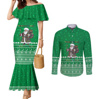 Turkmenistan Christmas Couples Matching Mermaid Dress and Long Sleeve Button Shirt with Traditional Santa Snowflake Crescent Moon and National Emblem - Wonder Print Shop