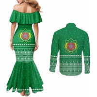 Turkmenistan Christmas Couples Matching Mermaid Dress and Long Sleeve Button Shirt with Traditional Santa Snowflake Crescent Moon and National Emblem - Wonder Print Shop