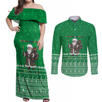 Turkmenistan Christmas Couples Matching Off Shoulder Maxi Dress and Long Sleeve Button Shirt with Traditional Santa Snowflake Crescent Moon and National Emblem - Wonder Print Shop