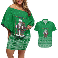 Turkmenistan Christmas Couples Matching Off Shoulder Short Dress and Hawaiian Shirt with Traditional Santa Snowflake Crescent Moon and National Emblem - Wonder Print Shop