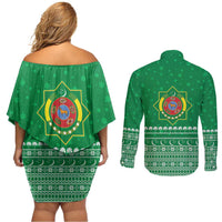 Turkmenistan Christmas Couples Matching Off Shoulder Short Dress and Long Sleeve Button Shirt with Traditional Santa Snowflake Crescent Moon and National Emblem - Wonder Print Shop