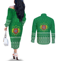 Turkmenistan Christmas Couples Matching Off The Shoulder Long Sleeve Dress and Long Sleeve Button Shirt with Traditional Santa Snowflake Crescent Moon and National Emblem - Wonder Print Shop