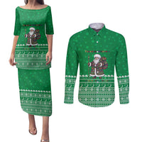 Turkmenistan Christmas Couples Matching Puletasi and Long Sleeve Button Shirt with Traditional Santa Snowflake Crescent Moon and National Emblem - Wonder Print Shop