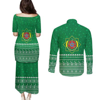 Turkmenistan Christmas Couples Matching Puletasi and Long Sleeve Button Shirt with Traditional Santa Snowflake Crescent Moon and National Emblem - Wonder Print Shop