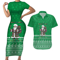 Turkmenistan Christmas Couples Matching Short Sleeve Bodycon Dress and Hawaiian Shirt with Traditional Santa Snowflake Crescent Moon and National Emblem - Wonder Print Shop