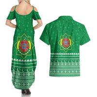 Turkmenistan Christmas Couples Matching Summer Maxi Dress and Hawaiian Shirt with Traditional Santa Snowflake Crescent Moon and National Emblem - Wonder Print Shop