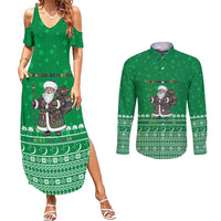 Turkmenistan Christmas Couples Matching Summer Maxi Dress and Long Sleeve Button Shirt with Traditional Santa Snowflake Crescent Moon and National Emblem - Wonder Print Shop