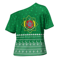 Turkmenistan Christmas Cross Shoulder Shirt with Traditional Santa Snowflake Crescent Moon and National Emblem - Wonder Print Shop