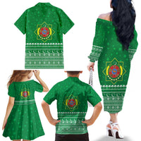 Turkmenistan Christmas Family Matching Off The Shoulder Long Sleeve Dress and Hawaiian Shirt with Traditional Santa Snowflake Crescent Moon and National Emblem - Wonder Print Shop