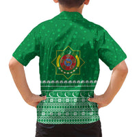 Turkmenistan Christmas Family Matching Off Shoulder Short Dress and Hawaiian Shirt with Traditional Santa Snowflake Crescent Moon and National Emblem - Wonder Print Shop
