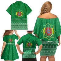 Turkmenistan Christmas Family Matching Off Shoulder Short Dress and Hawaiian Shirt with Traditional Santa Snowflake Crescent Moon and National Emblem - Wonder Print Shop