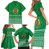 Turkmenistan Christmas Family Matching Short Sleeve Bodycon Dress and Hawaiian Shirt with Traditional Santa Snowflake Crescent Moon and National Emblem - Wonder Print Shop