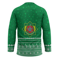 Turkmenistan Christmas Hockey Jersey with Traditional Santa Snowflake Crescent Moon and National Emblem - Wonder Print Shop