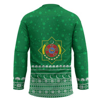 Turkmenistan Christmas Hockey Jersey with Traditional Santa Snowflake Crescent Moon and National Emblem - Wonder Print Shop