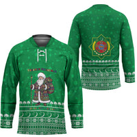Turkmenistan Christmas Hockey Jersey with Traditional Santa Snowflake Crescent Moon and National Emblem - Wonder Print Shop