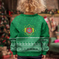 Turkmenistan Christmas Kid Ugly Christmas Sweater with Traditional Santa Snowflake Crescent Moon and National Emblem - Wonder Print Shop