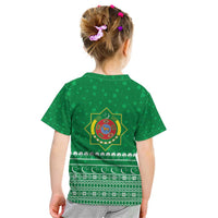 Turkmenistan Christmas Kid T Shirt with Traditional Santa Snowflake Crescent Moon and National Emblem - Wonder Print Shop