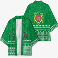 Turkmenistan Christmas Kimono with Traditional Santa Snowflake Crescent Moon and National Emblem - Wonder Print Shop