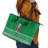 Turkmenistan Christmas Leather Tote Bag with Traditional Santa Snowflake Crescent Moon and National Emblem - Wonder Print Shop