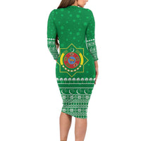 Turkmenistan Christmas Long Sleeve Bodycon Dress with Traditional Santa Snowflake Crescent Moon and National Emblem - Wonder Print Shop