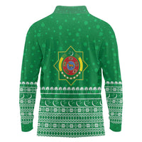 Turkmenistan Christmas Long Sleeve Polo Shirt with Traditional Santa Snowflake Crescent Moon and National Emblem - Wonder Print Shop
