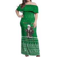 Turkmenistan Christmas Off Shoulder Maxi Dress with Traditional Santa Snowflake Crescent Moon and National Emblem - Wonder Print Shop